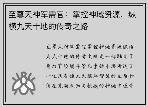 至尊天神军需官：掌控神域资源，纵横九天十地的传奇之路